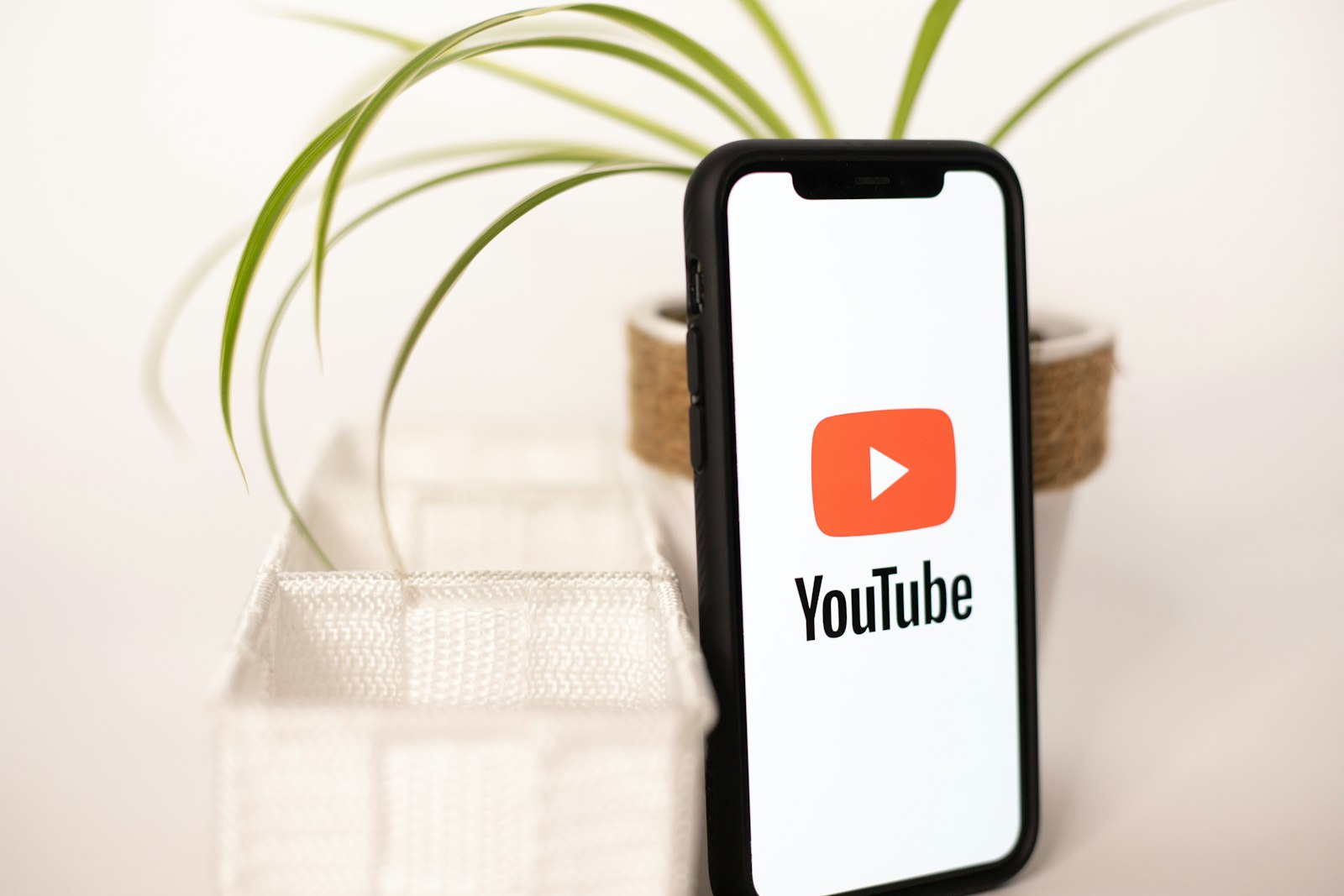 Điện thoại hiển thị ứng dụng YouTube cạnh chậu cây, minh họa cho việc tăng trưởng kênh YouTube bằng AI